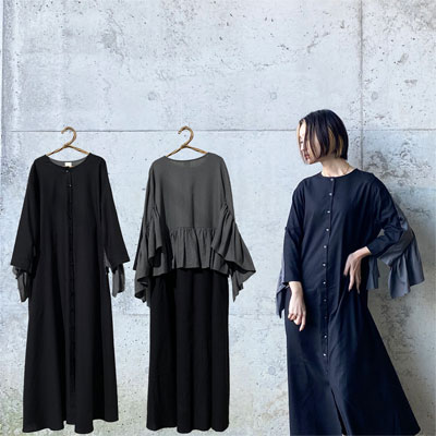 ＜月間優良ショップ賞51回受賞＞【 ストール レイヤード ワンピース 】着丈128cm レイヤード風 モノトーン 麻混 フリーサイズ 前開き シンプル エフォートレス シック ミニマム ストレスフリーレディース ワンピース ロング マキシ 八分袖 トールサイズ 高身長 春 秋