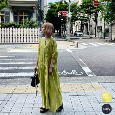 ＜月間目覚ましい販売店賞51回勝ち取る＞【 リネンワンピマックスマキシ 】ゆるっと好いたらしい！ たっぷりの御前上等なリネンを当て嵌めるした衣裳 デコルテすっきり 衣裳と羽織の２WAY Vのど首 レディース流行り物 衣裳 ロング マキシ トール 五分袖