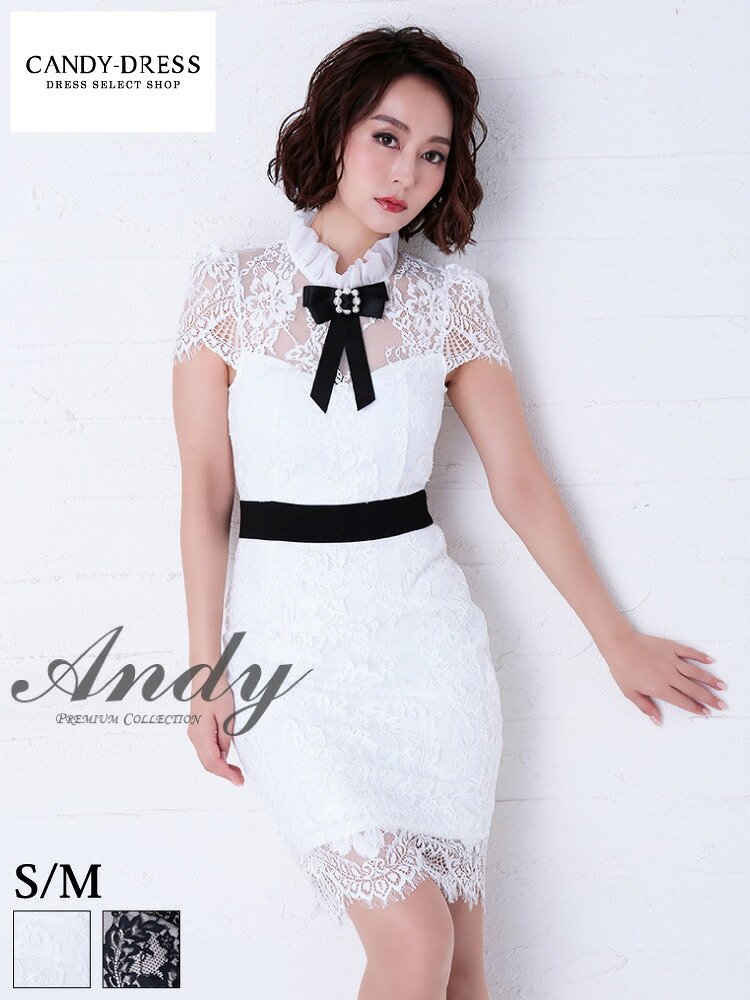 半額以下【SALE】【Andy/ アンディ】 ハイネック/ チョーカー/ 半袖/ レース/ タイト/ リボン/ ミニドレス / キャバドレス/ パーティードレス/ ドレス [AN-OK2540] ワンピース ナイトドレス セール ※北海道・沖縄・離島地域追加送料1,500円｜CANDY-DRESS【キャンディドレス】