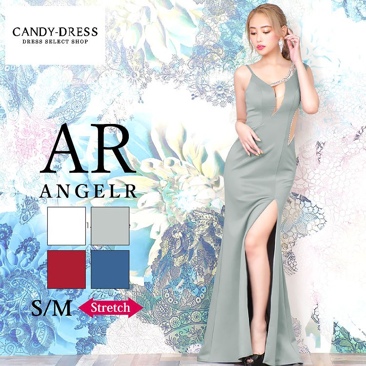 S/M 送料無料 Angel R/エンジェルアール ストレッチ無地×アシンメトリーシアー＆ビジューデザインノースリーブスリットロングドレス AR20838 キャバ キャバクラ キャバドレス キャバ嬢 クラブ ワンピース ドレス ワンピ 銀座 クラブ 六本木 ラウンジ ノースリーブ