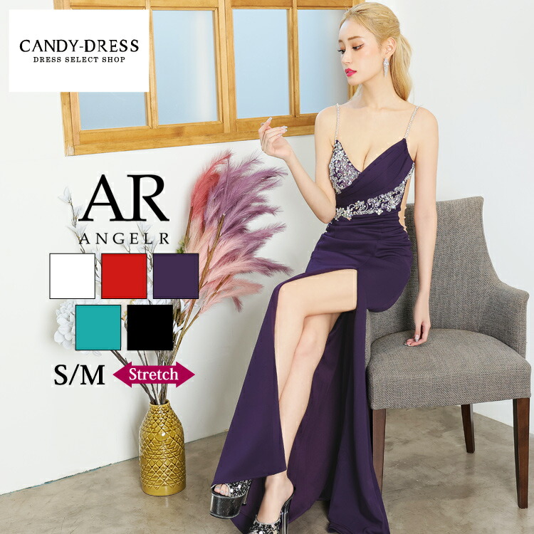 S/M 送料無料 Angel R/エンジェルアール ストレッチ無地×タックビジューデザインサイドシアーキャミスリーブスリットタイトロングドレス  AR23806 クラブ キャバ ラウンジ 銀座 高級 ブランド ノースリーブ angelr えんじぇるあーる ろんぐどれす カラードレス ...