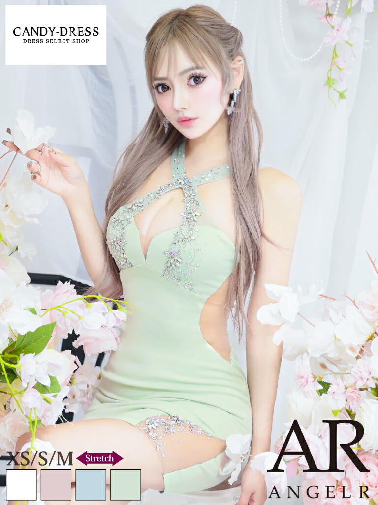 【AngelR / エンジェルアール】ストレッチ/ クロスネック/ ビジュー/ サイド透け/ タイト/ ミニドレス/ ワンピース/ キャバドレス [AR25803] キャバ クラブ 人気 ブランド タイトミニ ナイトドレス キャバクラ ゴージャス ミニスカート ミニワンピ