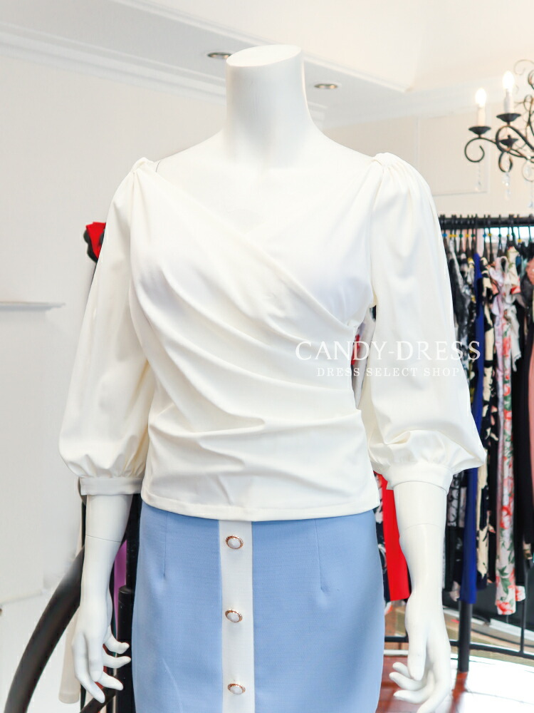 【トップス単品】S/MLuxuryDressストレッチ無地×カシュクールオフショルダー七分袖トップスCS190301【一部予約】韓国ブランドパーティー銀座クラブキャバラウンジスナック結婚式二次会シャツドレスワンピース襟白黒ブラウス長袖半袖
