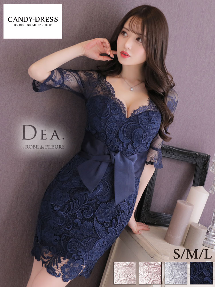S/M/L 送料無料 DEA. by ROBE de FLEURS/ディアバイローブドフルール ケミカルレース×ウエストノットリボンデザイン七分袖タイトミニドレス DE2384 キャバドレス キャバ カラー ミニ丈 ミニドレス ワンピ クラブ ワンピース robedefleurs 長袖 半袖 五分袖