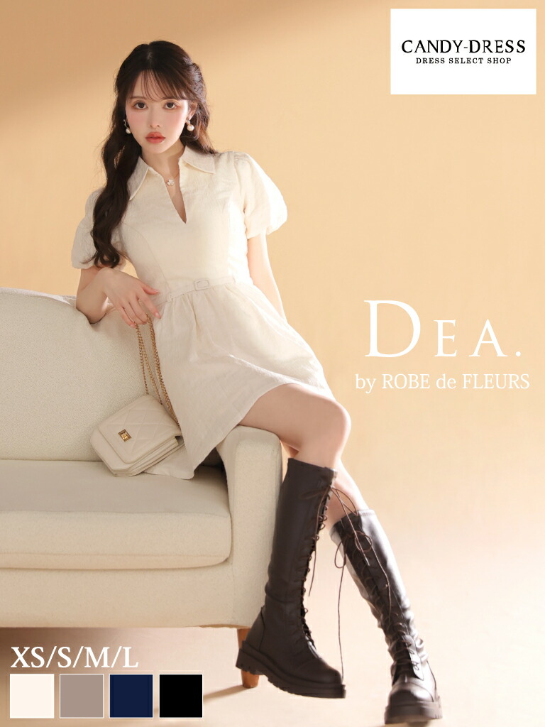 【DEA. by ROBE de FLEURS/ディアバイローブドフルール】ワッフル/ 襟付き/ バルーンスリーブ/ 半袖/ ベルト/ シンプル/ フレア/ ミニドレス/ キャバドレス/ ワンピース [DE4319] ナイトドレス Aライン 上品 パーティードレス ブラ着用可 AW 新作 私服 同伴