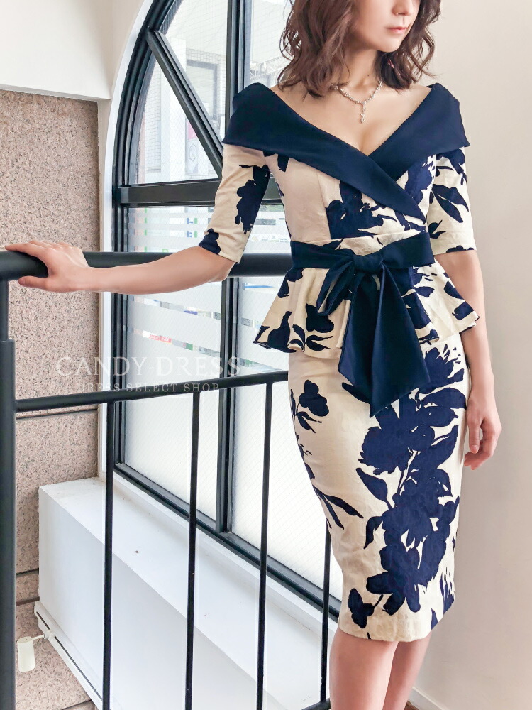 S/M/L送料無料LuxuryDressストレッチジャガード×フラワープリントウエストリボン五分袖ペプラムミディドレスGA180610韓国ドレスキャバドレスワンピース銀座クラブ六本木ラウンジスナックキャバクラ結婚式パーティー膝丈ミモレワンピ袖ありLサイズ