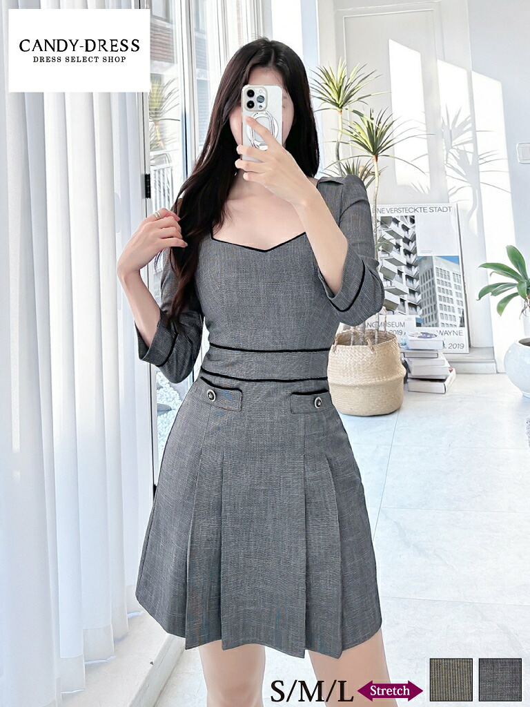 【予約】【Luxury Dress】 ストレッチ/ パイピング/ 七分袖/ ボックスプリーツ/ フレア/ ミニドレス/ ワンピース [GA250102] 韓国ドレス 韓国製 正規品 ミニワンピ カラー キャバドレス ナイトドレス 膝丈 シンプル ブラ着用可 クラブ ラウンジ 韓国アイドル K-POPアイドル｜CANDY-DRESS【キャンディドレス】