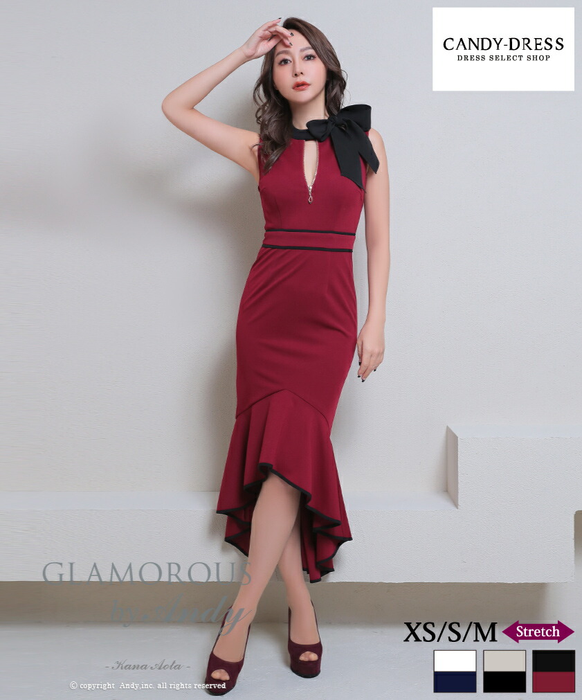 半額以下【SALE】【GLAMOROUS by Andy / グラマラスバイアンディ】ストレッチ/ バイカラー/ ネックリボン/ ジッパー/ ノースリーブ/ マーメイド/ タイト/ ミディドレス / キャバドレス/ ワンピース [GMS-V793] セール ※北海道・沖縄・離島地域追加送料1,500円｜CANDY-DRESS【キャンディドレス】