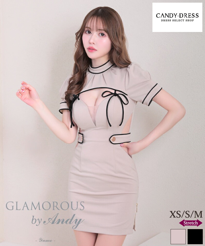 【GLAMOROUS by Andy / グラマラスバイアンディ】伸ばすこと/ バイ色合い/ パイピング/ 乳ぶさ取りすてる/ シュロの葉/ ハイネック/ 酉の方角透け/ 半袖/ きつい/ ミニ御召しもの / キャバドレス/ 衣裳 [GMS-V816]  XS/S/M Andy アンディ 御膳上等 ブランド名 ナイト爵御召しもの ミニ丈