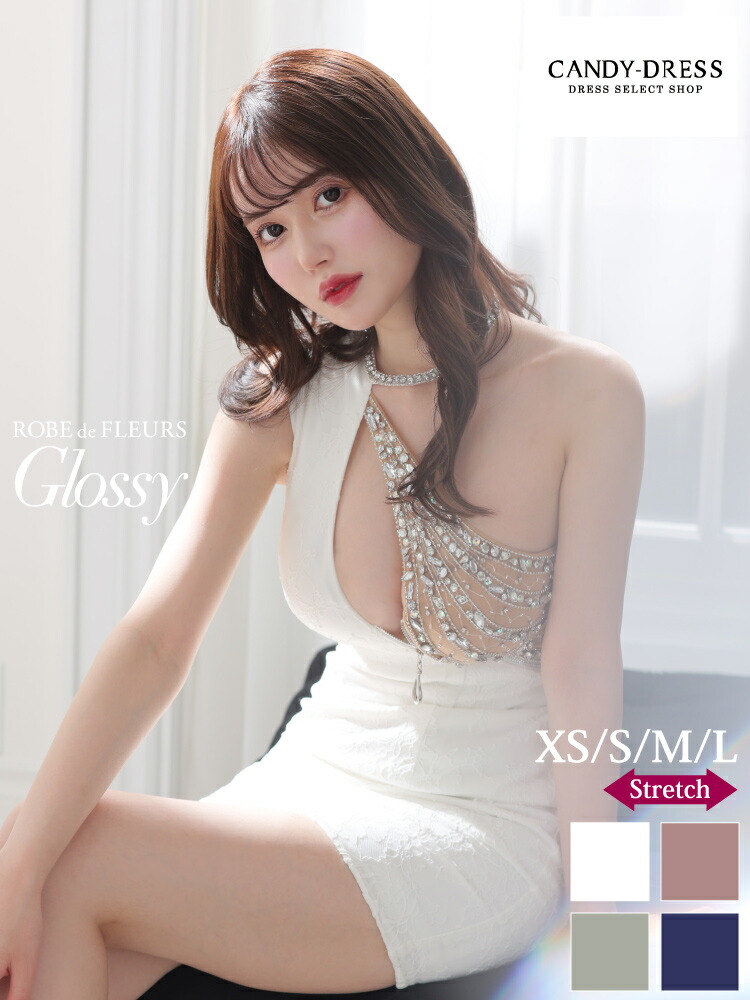 XS/S/M/L 送料無料 ROBE de FLEURS Glossy / ローブドフルールグロッシー ストレッチレース&times;ビジュー＆ジップデザインチョーカーワンショルダータイトミニドレス GL2595 robedefleurs キャバドレス キャバクラ ブランド ワンピース 人気 インスタ ぐろっしー｜CANDY-DRESS【キャンディドレス】