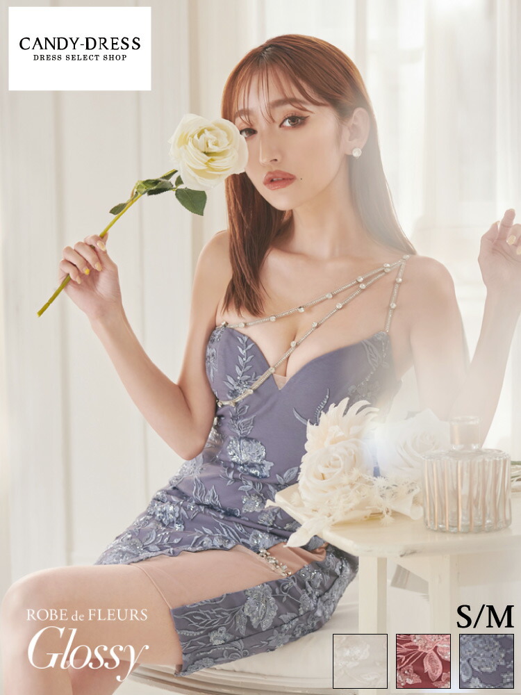 S/M 送料無料 ROBE de FLEURS Glossy / ローブドフルールグロッシー スパンコール織り刺繍フラワーレース×ビジューワンショルダータイトミニドレス GL2642 robedefleurs キャバ キャバドレス キャバ嬢 キャバクラ ブランド ワンピース ローブド 人気 インスタ