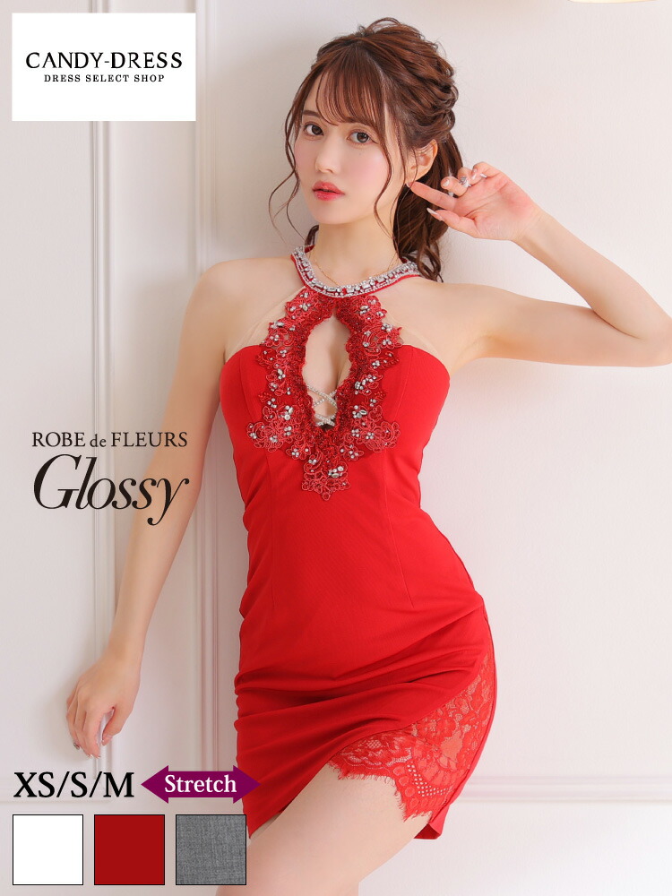 XS/S/M 送料無料 ROBE de FLEURS Glossy / ローブドフルールグロッシー ストレッチ無地×フラワーレースバストカットネックビジューアメリカンスリーブタイトミニドレス GL2681  robedefleurs キャバドレス ブランド ワンピース ローブド ノースリーブ