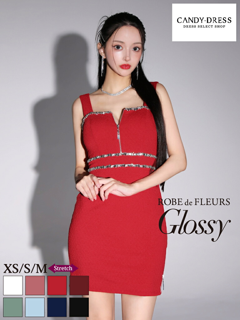 【新色追加】【再入荷】【ROBE de FLEURS Glossy / ローブドフルールグロッシー】 ストレッチワッフル/ ジッパー/ ビジュー/ ノースリーブ/ シンプル/ タイト/ ミニドレス/ キャバドレス/ ワンピース [GL3109] 送料無料 XS/S/M 人気 インスタ 袖なし セクシー シぐろっしー