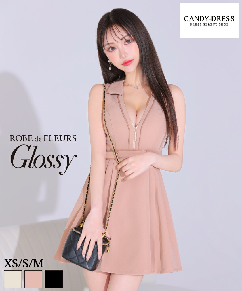 【ROBE de FLEURS Glossy / ローブドフルールグロッシー】 ジャケット風/ 襟デザイン/ ジッパー/ シンプル/ ノースリーブ/ フレア/ ミニドレス/ キャバドレス/ ワンピース [GL3173] 送料無料 XS/S/M 人気 セクシー インスタ 袖なし Aライン ブラ着用可 大人