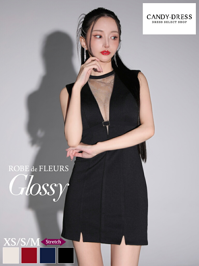 【ROBE de FLEURS Glossy / ローブドフルールグロッシー】ストレッチ/ デコルテシアー/ チョーカー/ ノースリーブ/ タイト/ ミニドレス/ キャバドレス/ ワンピース [GL3556] 送料無料 XS/S/M ミニスカート ナイトドレス ノースリーブ セクシー フィット シンプル