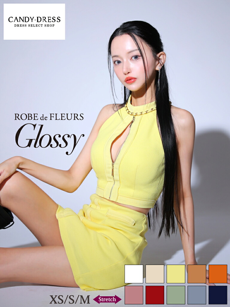 【新色追加】【再入荷】【ROBE de FLEURS Glossy / ローブドフルールグロッシー】 ストレッチ/ リブ/ ジッパー/ ハイネック/ アメスリ/ セットアップ/ タイト/ ミニドレス/ キャバドレス/ ワンピース [GL3153] 送料無料 XS/S/M ツーピース ミニスカート ノースリーブ｜CANDY-DRESS【キャンディドレス】 18,588円