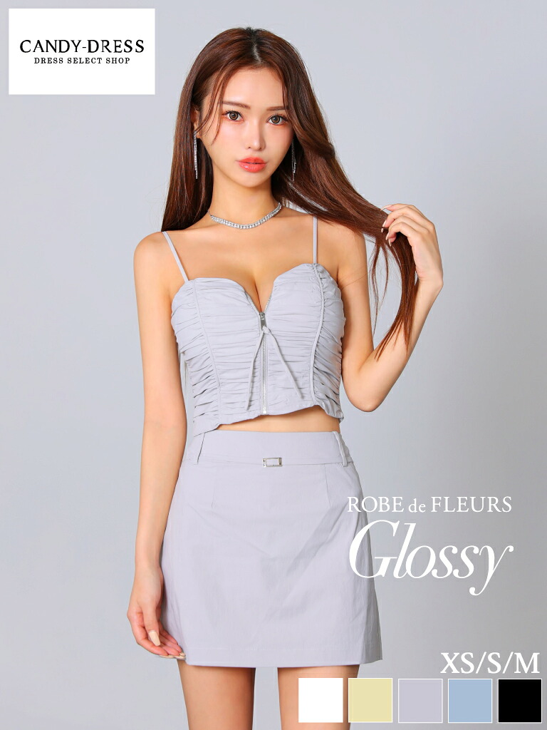 【ROBE de FLEURS Glossy / ローブドフルールグロッシー】ナイロン/ シャーリング/ ジッパー/ キャミ/ 台形/ タイト/ セットアップ/ ミニドレス/ キャバドレス/ ワンピース [GL3293] XS/S/M ツーピース ミニスカート セパレート ノースリーブ シンプル キャミワンピ