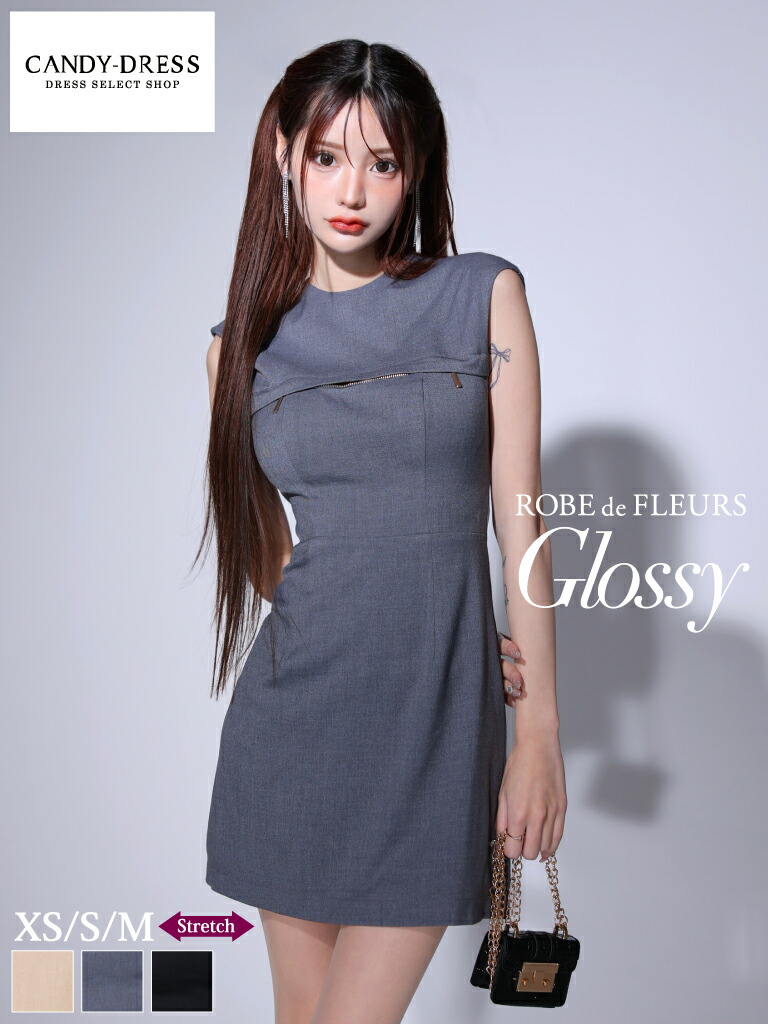 【ROBE de FLEURS Glossy / ローブドフルールグロッシー】ストレッチ/ ツイル/ ジッパー/ ハイネック/ フレンチスリーブ/ 背中あき/ フレア/ ミニドレス/ キャバドレス/ ワンピース [GL3776] 送料無料 XS/S/M ノースリーブ ミニスカート タイトミニ 前ジップ