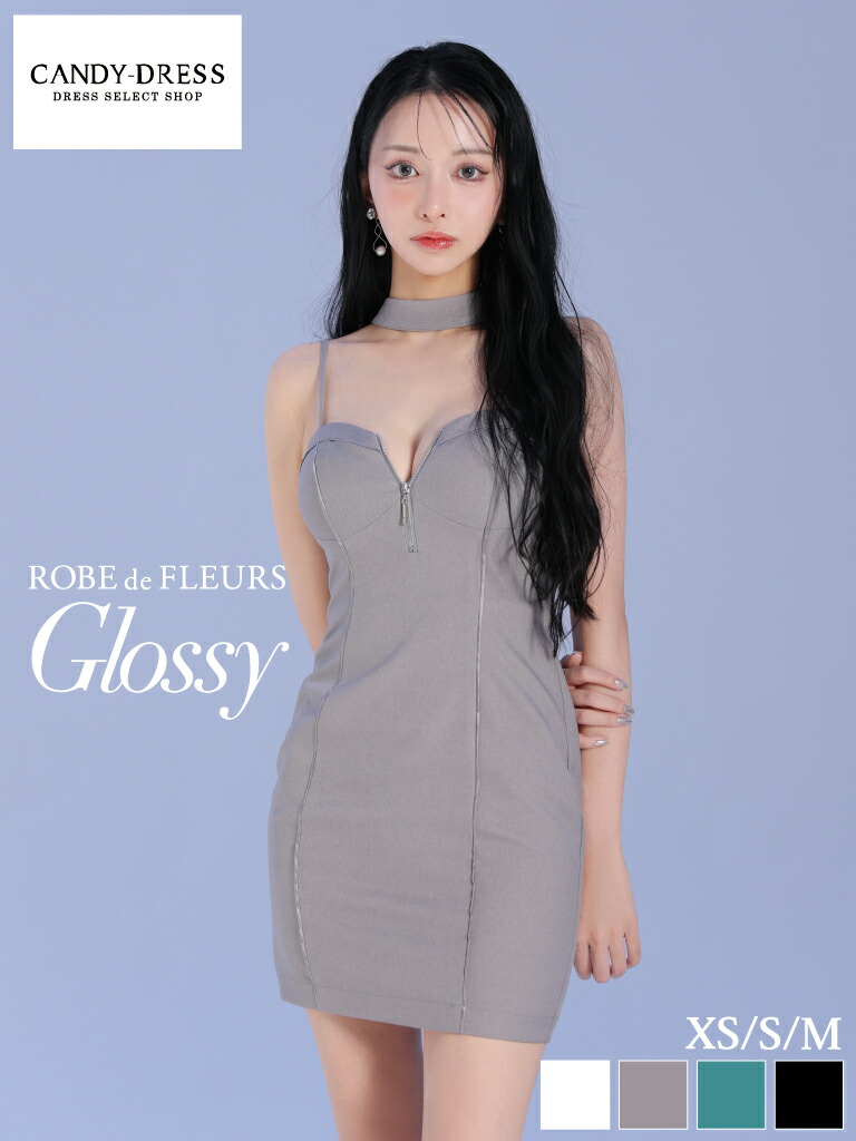 【ROBE de FLEURS Glossy / ローブドフルールグロッシー】ツイル/ サテン/ パイピング/ ジッパー/ チョーカー/ キャミ/ シンプル/ タイト/ ミニドレス/ キャバドレス/ ワンピース [GL3932] XS/S/M ノースリーブ ミニスカート タイトミニ シンプル フィット ボウタイ 無地