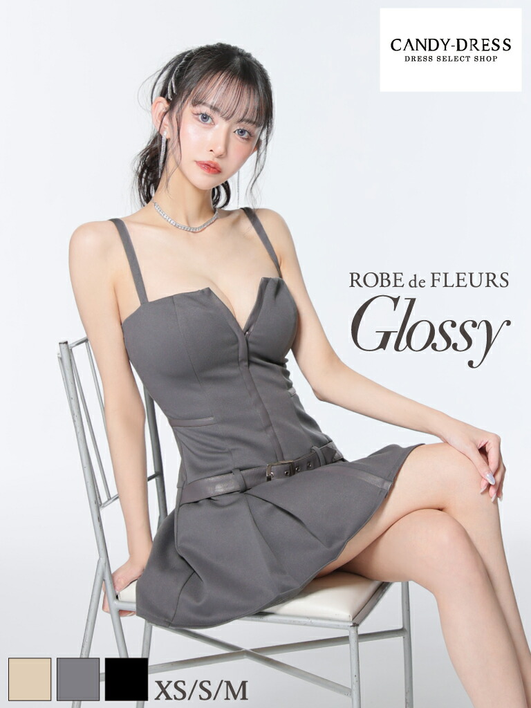 【ROBE de FLEURS Glossy / ローブドフルールグロッシー】ツイル/ ジッパー/ キャミ/ ローウエスト/ ベルト/ プリーツ/ フレア/ ミニドレス/ キャバドレス/ ワンピース [GL4101] 送料無料 XS/S/M ノースリーブ ミニスカート タイトミニ シンプル ノースリーブ Aライン