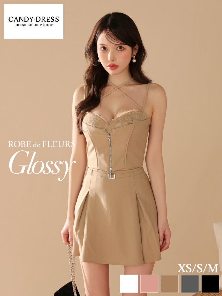 【新色追加】【ROBE de FLEURS Glossy / ローブドフルールグロッシー】ストレッチ/ レース/ ジッパー/ ホルターリボン/ キャミ/ ベルト/ プリーツ/ セットアップ/ フレア/ ミニドレス/ キャバドレス/ ワンピース [GL4120] ナイトドレス ノースリーブ ツーピース セパレート