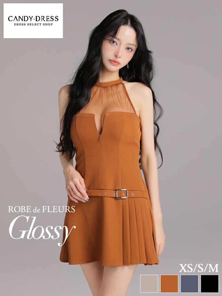 【ROBE de FLEURS Glossy / ローブドフルールグロッシー】ストレッチ/ ツイル/ チュール/ ジッパー/ アメスリ/ ホルターネック/ ローウエスト/ ベルト/ プリーツ/ フレア/ ミニドレス/ キャバドレス/ ワンピース [GL4153] ナイトドレス ノースリーブ ミニスカート