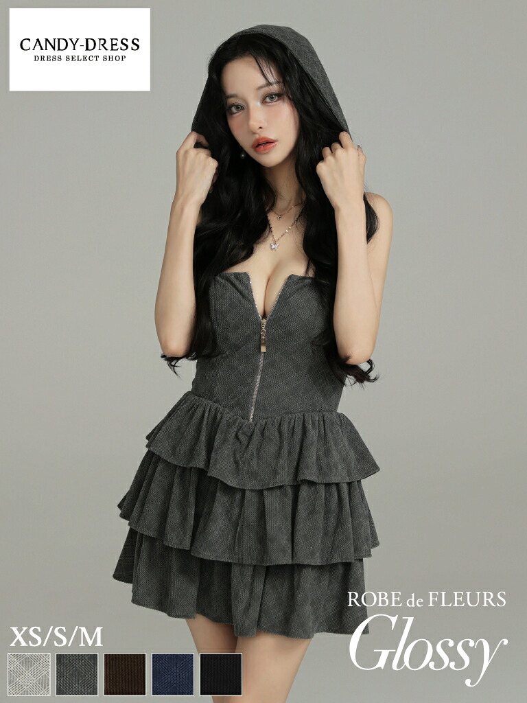 【ROBE de FLEURS Glossy / ローブドフルールグロッシー】ストレッチ/ チェック柄/ リブ/ 2WAY/ フード付き/ ベア/ ジッパー/ ティアード/ フレア/ ミニドレス/ キャバドレス/ ワンピース [GL4621] ぐろっしー ミニスカート シンプル フード ベアワンピ ベアトップ
