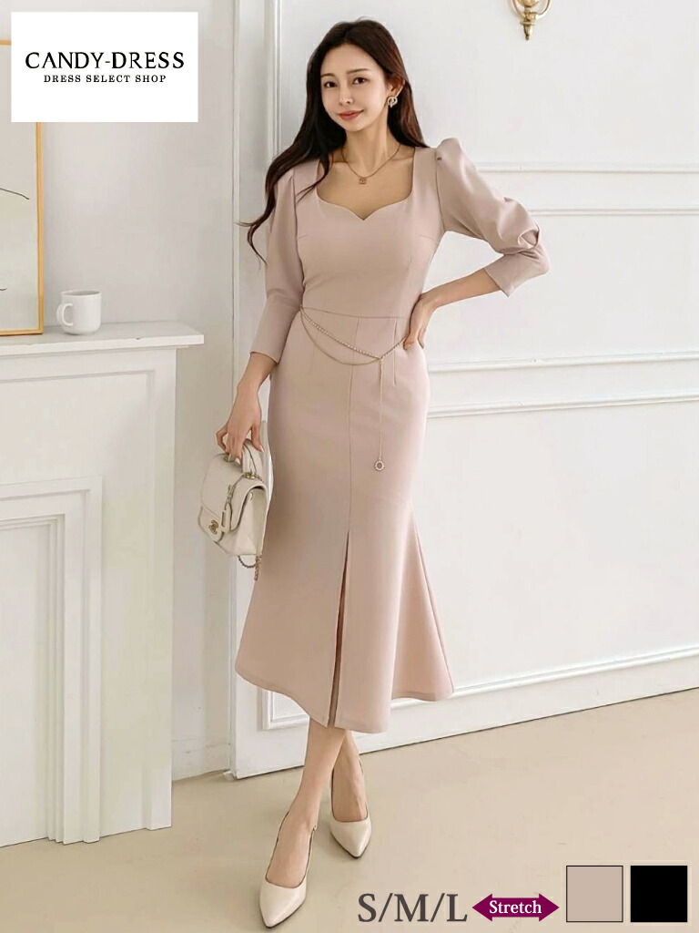 【予約】【Luxury Dress】ストレッチ/ 七分袖/ ウエストチェーン/ フロントスリット/ タイト/ マーメイド/ ミディドレス/ ワンピース [RB250301] 韓国ドレス 韓国製 正規品 ミディアムドレス カラー キャバドレス ナイトドレス 膝下 上品 袖あり パーティー 結婚式 二次会