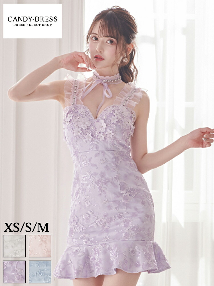 XS/S/M 送料無料 ROBE de FLEURS / ローブドフルール 立体フラワーレース&times;フリルノースリーブタイトマーメイドミニドレス(チョーカー付) fm2650 robedefleurs キャバドレス ワンピース キャバクラ パーティー 人気 可愛い 半袖 華やか ろーぶど インスタ ビジュー｜CANDY-DRESS【キャンディドレス】