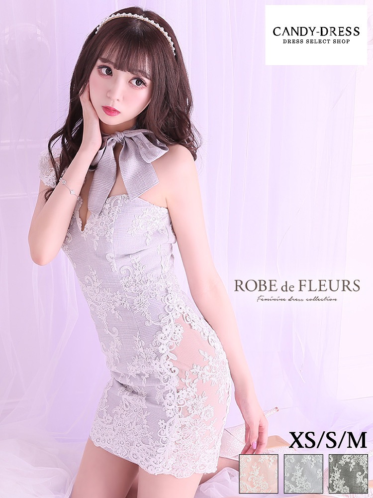限定生産 Xs S M 送料無料 Robe De Fleurs ローブドフルール グレンチェック 刺繍レースチョーカー風リボンデザインワンショルダータイトミニドレス Fm2169 キャバ キャバクラ キャバドレス カラー ワンピース ワンピ キャバ嬢 クラブ タイト Robedefleurs えみう