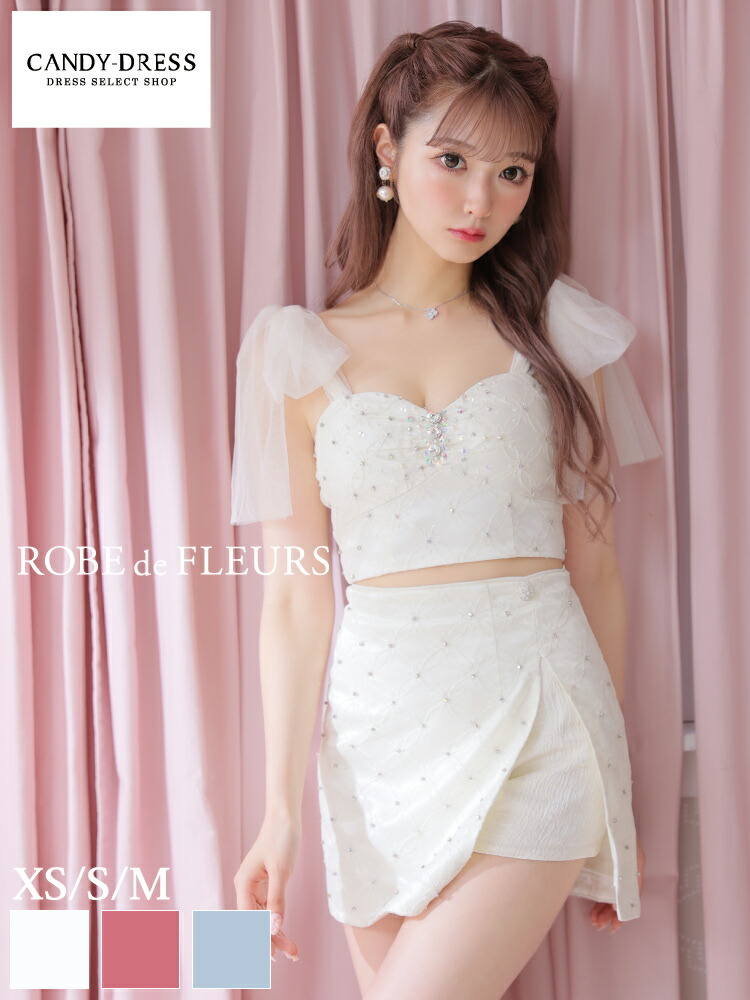 【ROBE de FLEURS / ローブドフルール】フラワーレース/ ビジュー/ 肩リボン/ ノースリーブ/ セットアップ/ フレア/ タイト/ ミニドレス/ キャバドレス / ワンピース/ ドレス [fm2774] XS/S/M 送料無料 結婚式 パーティー 可愛い 人気 インスタ 新作 ツーピース