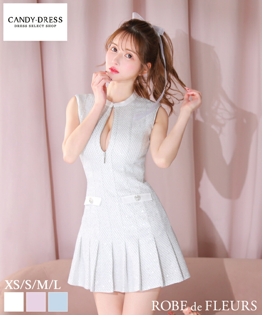 【再入荷】【ROBE de FLEURS / ローブドフルール】 スパンコール織りツイード/ ジッパー/ ノースリーブ/ プリーツ/ フレア/ ミニドレス/ キャバドレス / ワンピース/ ドレス [fm3712] XS/S/M パーティードレス 可愛い 人気 韓国 ブラ着用可 Aライン ナイトドレス