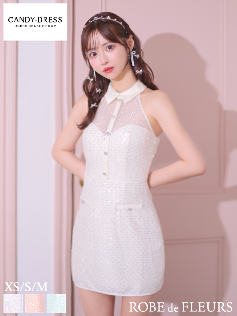 【ROBE de FLEURS / ローブドフルール】 キラキラ/ スパンコール/ ビーズ/ 襟付き/ アメスリ/ タイト/ ミニドレス/ キャバドレス / ワンピース/ ドレス [fm3428] XS/S/M パーティードレス 可愛い 人気 韓国 ノースリーブ ナイトドレス ホルターネック