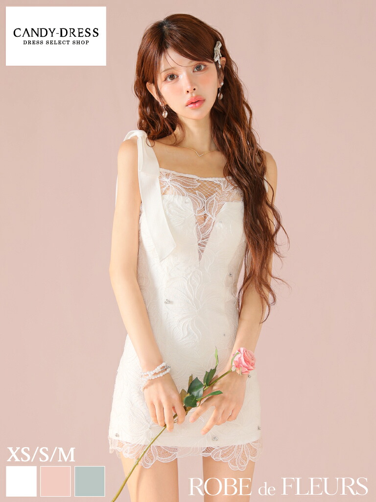 【ROBE de FLEURS / ローブドフルール】フラワーレース/ ビジュー/ 肩リボン/ ノースリーブ/ タイト/ ミニドレス/ キャバドレス / ワンピース/ ドレス [fm3457] パーティードレス 可愛い 人気 韓国 ナイトドレス ミニワンピ シンプル