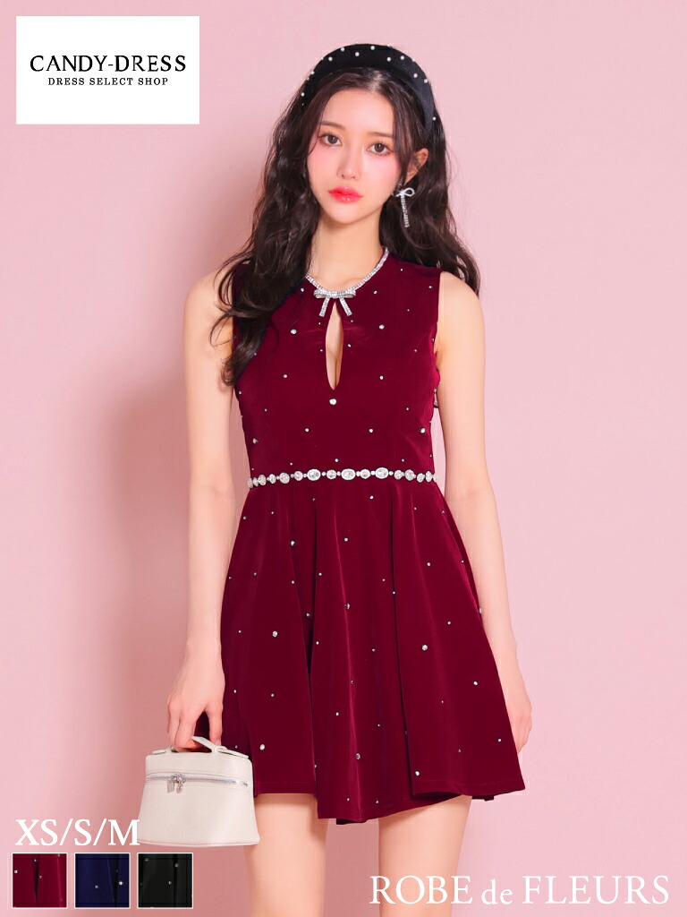 【ROBE de FLEURS / ローブドフルール】 キラキラ/ ビジュー/ ベルベット/ バストカット/ リボン/ ノースリーブ/ フレア/ ミニドレス/ キャバドレス / ワンピース/ ドレス [fm3613] XS/S/M パーティードレス 可愛い 人気 韓国 Aライン ナイトドレス ブラ着用可｜CANDY-DRESS【キャンディドレス】