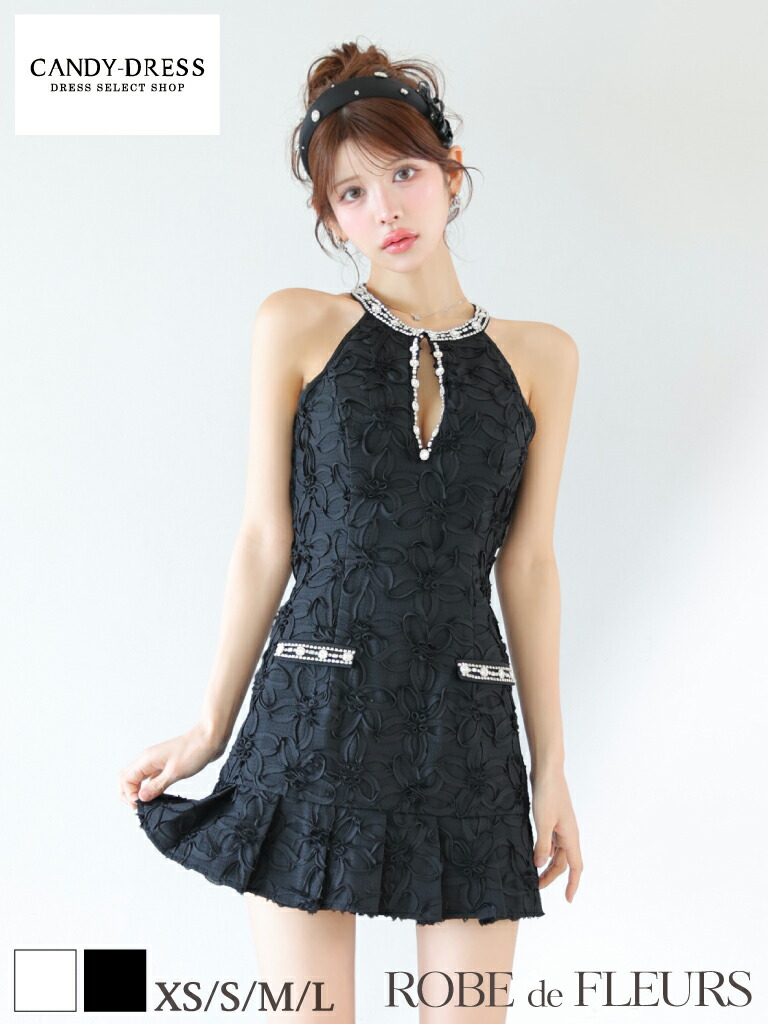 【ROBE de FLEURS / ローブドフルール】フラワー/ ジャガード/ ビジュー/ アメスリ/ ホルターネック/ プリーツ/ フレア/ ミニドレス/ キャバドレス / ワンピース/ ドレス [fm4302] パーティードレス 可愛い 人気 韓国 ノースリーブ Aライン ナイトドレス ミニワンピ
