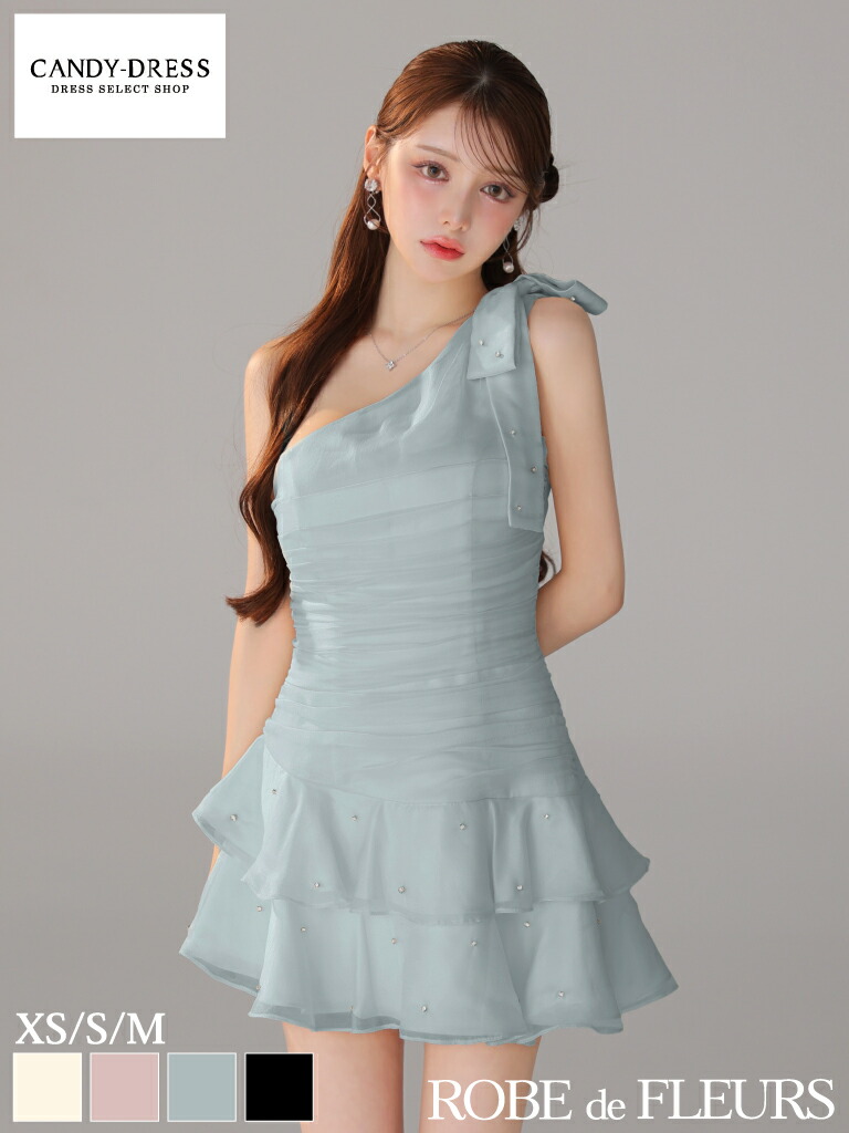 【新色追加】【ROBE de FLEURS / ローブドフルール】サテン/ シフォン/ ビジュー/ ギャザー/ ワンショルダー/ 肩リボン/ ティアード/ フレア/ ミニドレス/ キャバドレス / ワンピース/ ドレス [fm4322] Aライン ナイトドレス ワンカラー シンプル 可愛い 人気 ふわふわ