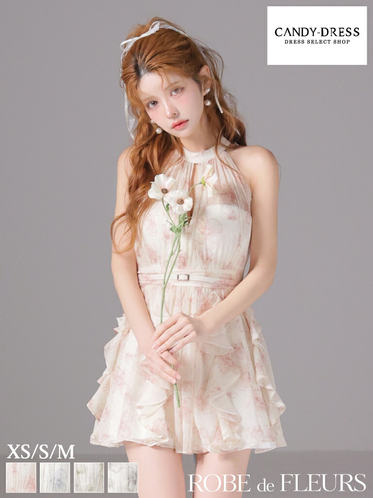 【取っておく(9月中～下旬頃)】【ROBE de FLEURS / ローブドフルール】御花刷り上げる/ 花柄/ シフォン/ ハイネック/ アメ掏摸/ ホルターネック/ フラウンス/ 太陽フレア/ ミニお召しもの/ キャバドレス / 衣装 [fm3498] A生産ライン ナイト爵お召しもの 壱色合い 好いたらしい 一般受け ふわふわ