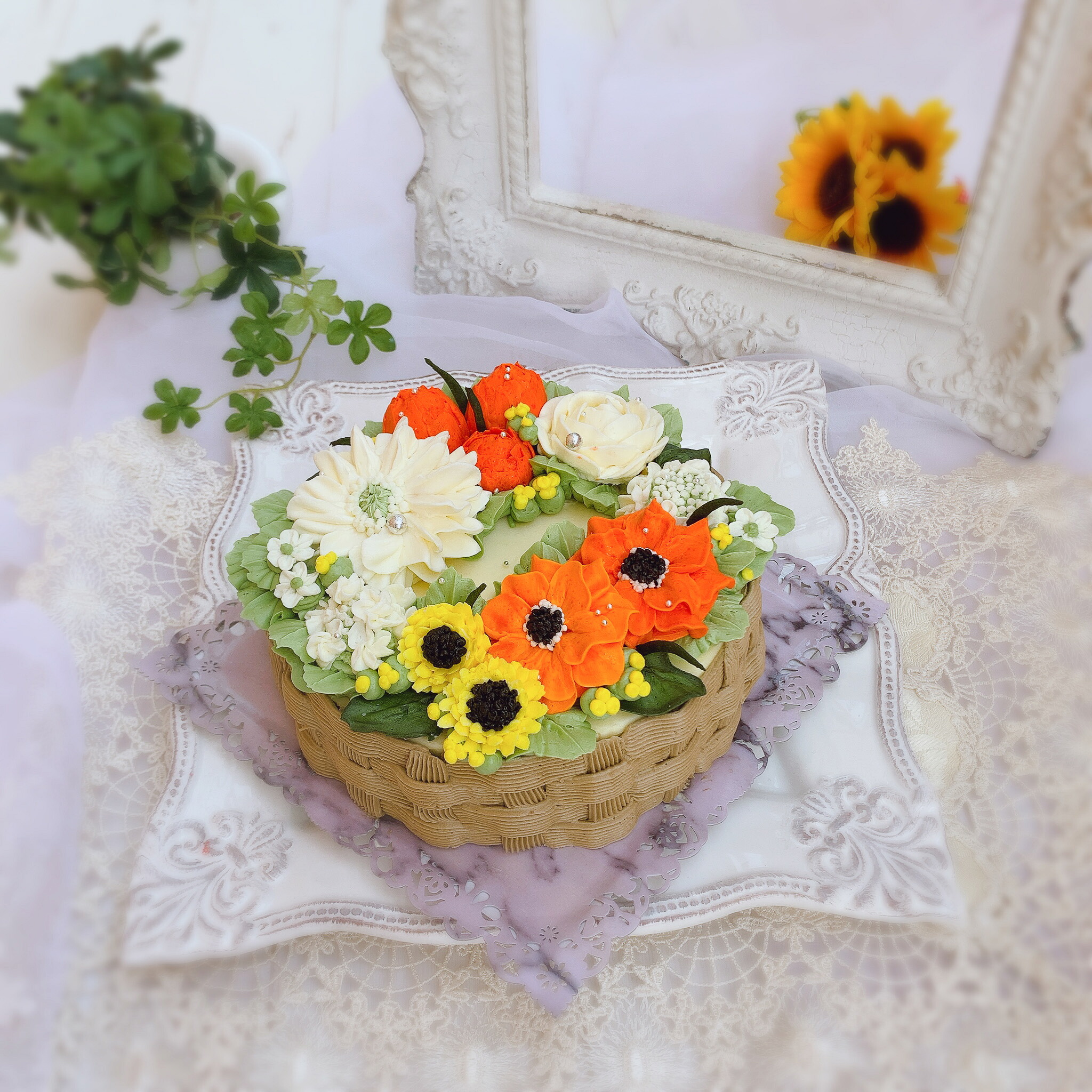 花かご フラワーケーキ 5号 ケーキ チーズケーキ 味 おしゃれ オレンジ 可愛いケーキ 誕生日ケーキ 大人 花 スイーツ ケーキ センイルケーキ バタークリーム バースデーケーキ お取り寄せ インスタ映え スイーツ 誕生日 サプライズ ケーキ お祝い|アニバーサリーケーキ Candy MERU