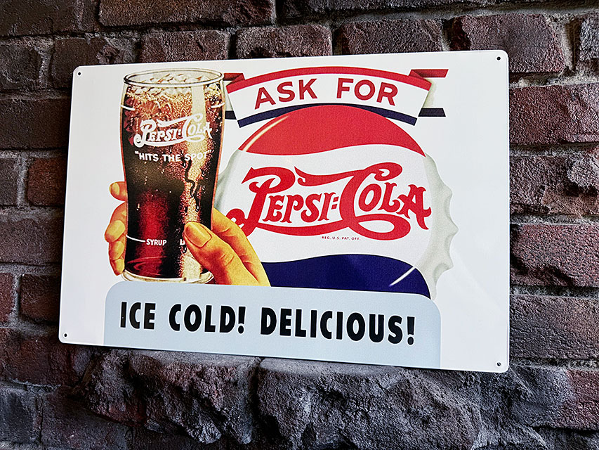 1991年　ペプシコーラ　ライトアップ　看板　ファウンテントッパー　アメトイ ペプシコーラ ラウンド型 ブリキ看板 （DRINK ICE COLD）の通販