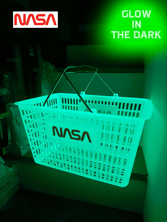 【4個セット】　暗闇で光る！　蓄光仕様　NASA　アメリカ業務用　ショッピングバスケット　（NASA）　グローインザダーク　　アメリカン雑貨　アメリカ雑貨　グッズ　おしゃれ　ショップインテリア　インスタ　SNSで大バズリ　買い物かご　エコバスケット