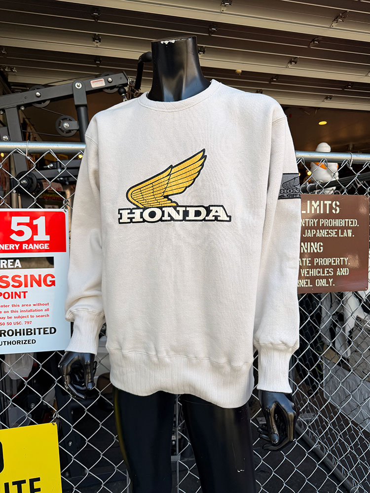 HONDA ホンダ 80年月日舞台の袖ロゴタイプ 公式的 ヴィンテージスウェット 裏起毛 （自然的） アメリカン雑貨 亜米利加雑貨 グッズ 今めかしい かっこいい 車宿り雑貨 ガレージング雑貨 自動自転車 バイ鉄道車両 アメカジ 調教師 ブランド名