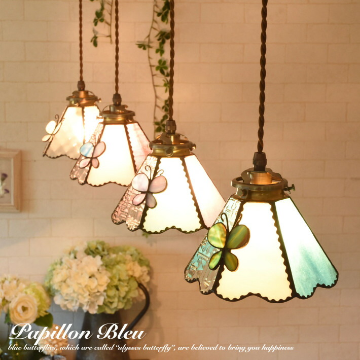 ペンダントライト ステンドグラス アンティーク おしゃれ フレンチ カフェ風 ガラス 北欧 Papillon Bleu Led カントリー 対応 レトロ 照明 ペンダントランプ アンティーク風 ゴージャス 姫 リビング ダイニング トイレ 玄関 ブルー ピンク 天井照明 カフェ風 シーリング