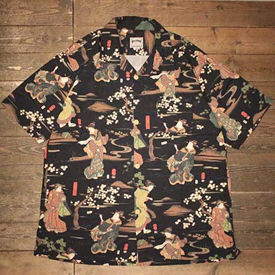 HOUSTON41169 &times;歌川国芳 ALOHA SHIRT(隅田川之朝霧) BLACK【HOUSTON】(ヒューストン)正規取扱店(Official Dealer)Cannon Ball(キャノンボール)【対応/送料無料】｜Cannon Ball