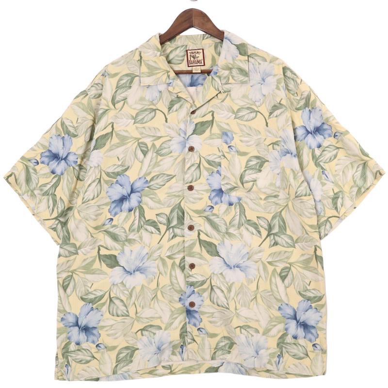 大きいサイズ メンズUS-XLサイズ トミーバハマ TOMMY BAHAMA 半袖開襟アロハシャツ ボックスシルエット ハイビス総柄 オープンカラー 胸囲約133cm クリーム系 sc-0189n アメカジ BIGサイズ アメリカ古着 【中古】