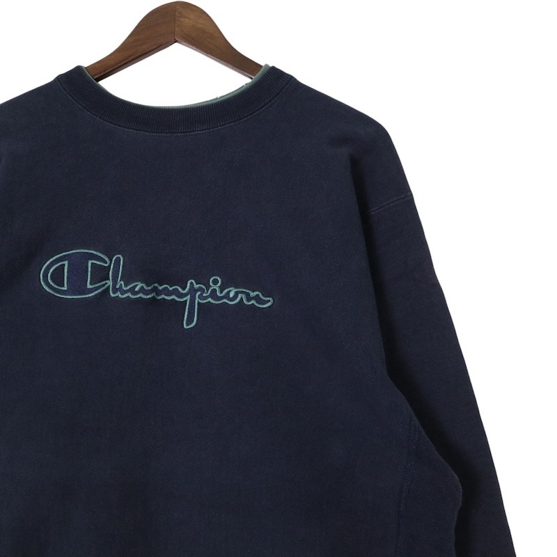 大きいサイズ メンズUS-2XLサイズ 90's USA製 チャンピオン Champion 刺繍タグ リバースウィーブ REVERSE WEAVE スクリプトロゴ刺繍 襟ダブルカラー 長袖スウェットシャツ 胸囲約125cm 紺 ネイビー系 sc-0227 アメカジ BIGサイズ アメリカ古着 【中古】
