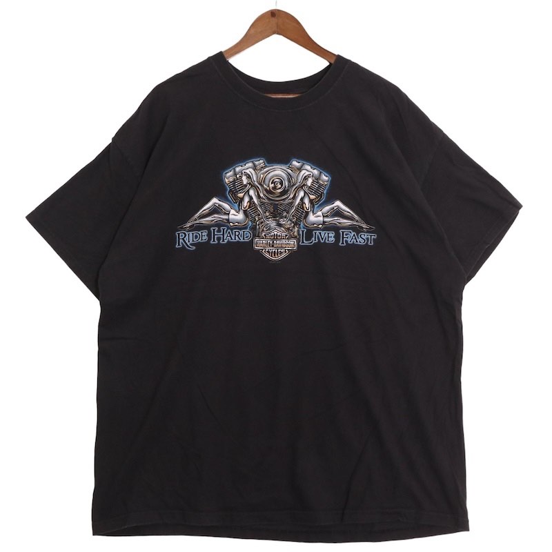 大きいサイズ メンズUS-2XLサイズ USA製 00's ハーレーダビッドソン HARLEY-DAVIDSON クルーネック 半袖両面プリントTシャツ ツインエンジン ピンナップガール 胸囲約128cm 黒 ブラック系 tc-0005n アメカジ BIGサイズ アメリカ古着 【中古】｜古着屋Canopus 店