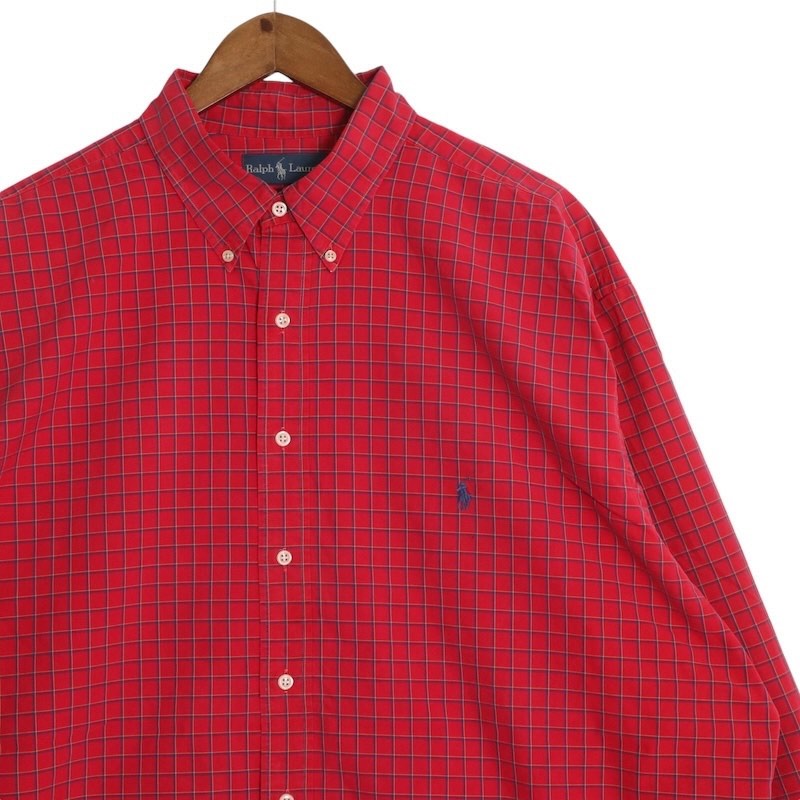 大きいサイズ メンズUS-2XLT TALLサイズ 90's 旧タグ ラルフローレン Ralph Lauren 長袖ボタンダウンシャツ オールドラルフ カジュアル BDシャツ 胸囲約154cm チェック柄 赤 レッド系 sc-0285n アメカジ BIGサイズ アメリカ古着 【中古】【トール】