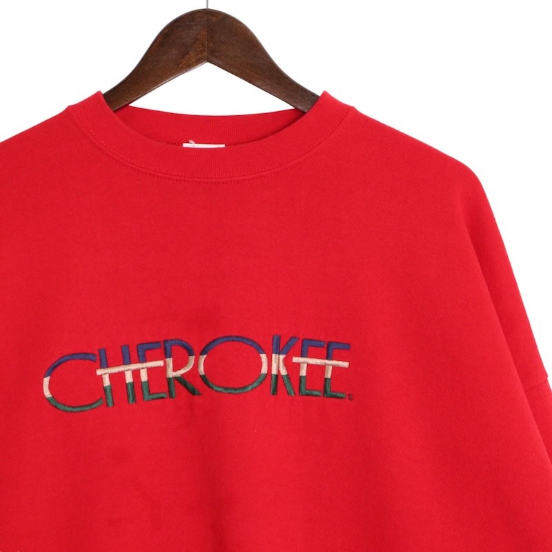 大きいサイズ メンズUS-3XLサイズ相当 90's CHEROKEE クルーネック 長袖スウェットシャツ ビッグロゴ刺繍 オールド ビンテージ ヴィンテージ 胸囲約146cm 赤 レッド系 sc-0396 アメカジ BIGサイズ アメリカ古着 【中古】