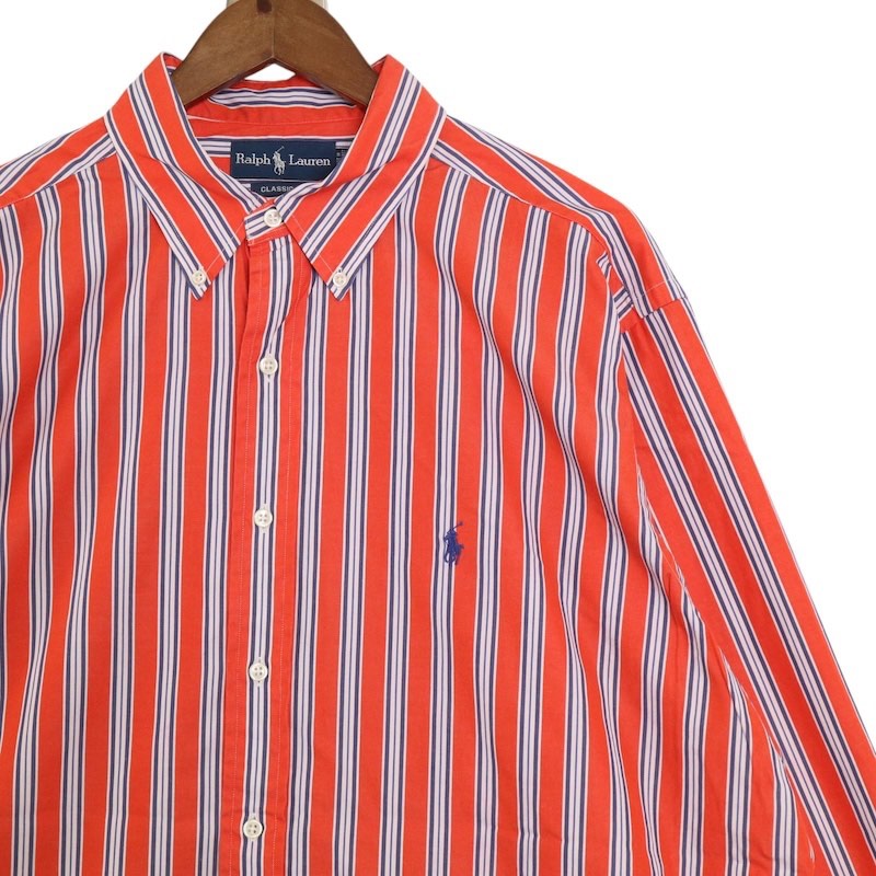 大きいサイズ メンズUS-XLサイズ 90's 旧タグ ラルフローレン RALPH LAUREN CLASIC FIT 長袖 ボタンダウンシャツ 胸囲約145cm ストライプ柄オレンジ系 sc-0462 アメカジ BIGサイズ アメリカ古着 【中古】